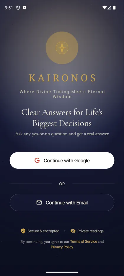 Kaironos welcome screen showing the app's gold compass mark and sign-in options