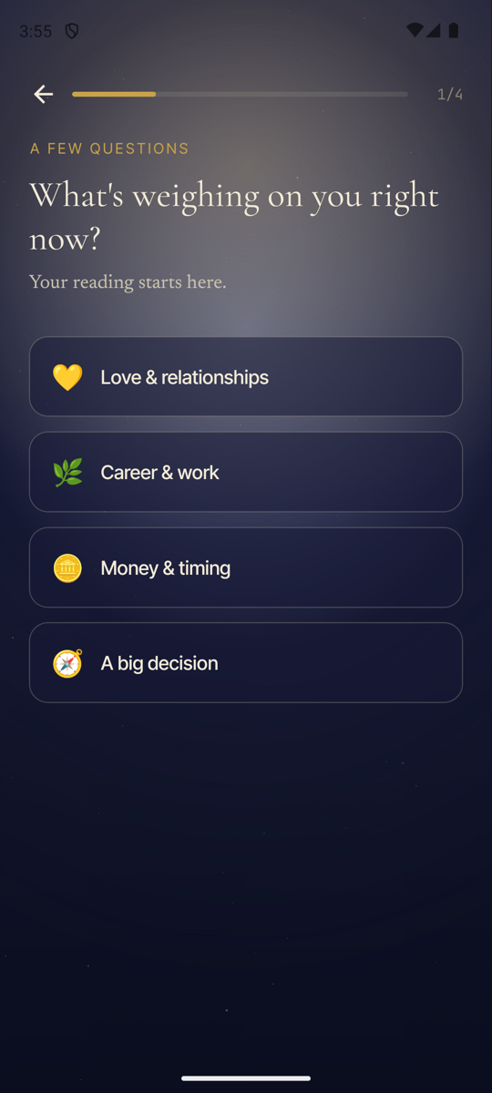 Kaironos personalization screen asking what is weighing on the user