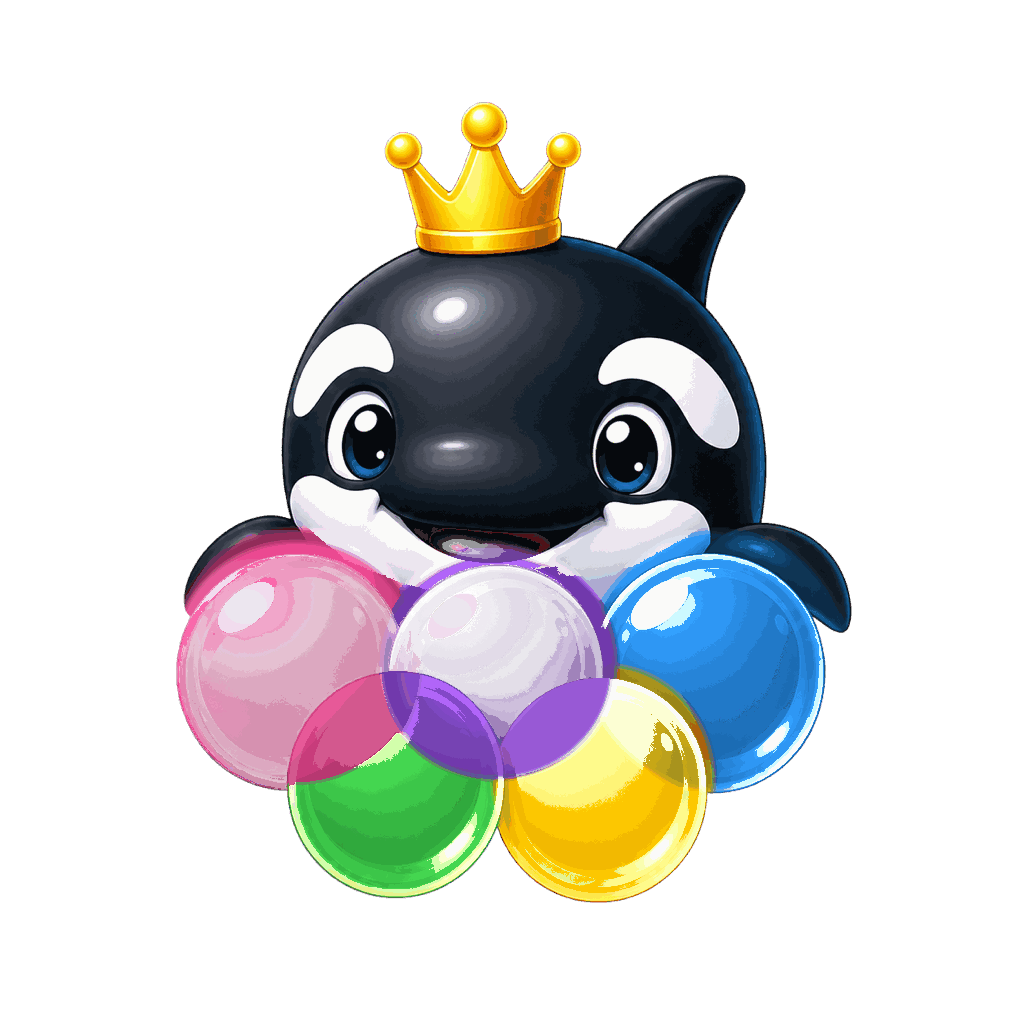 Kobble Cup orca emblem with crown and pink, green, yellow, purple, and blue glossy bubbles
