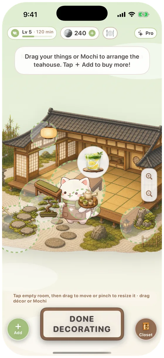 Decorate mode with a décor item selected for dragging and resizing