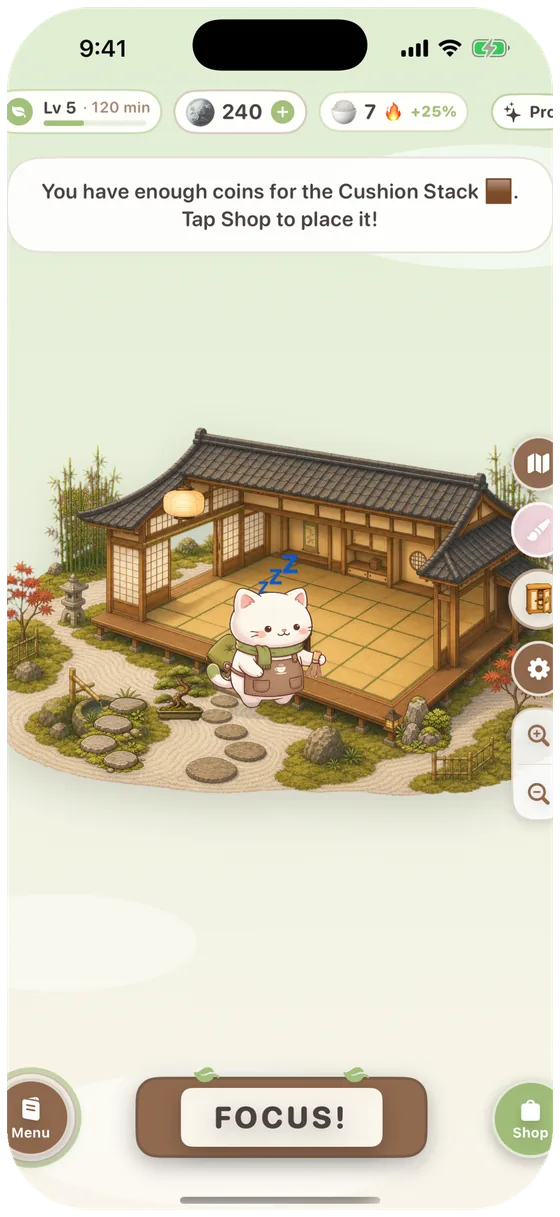Mochi Slow Café home teahouse with player-arranged décor and the FOCUS button