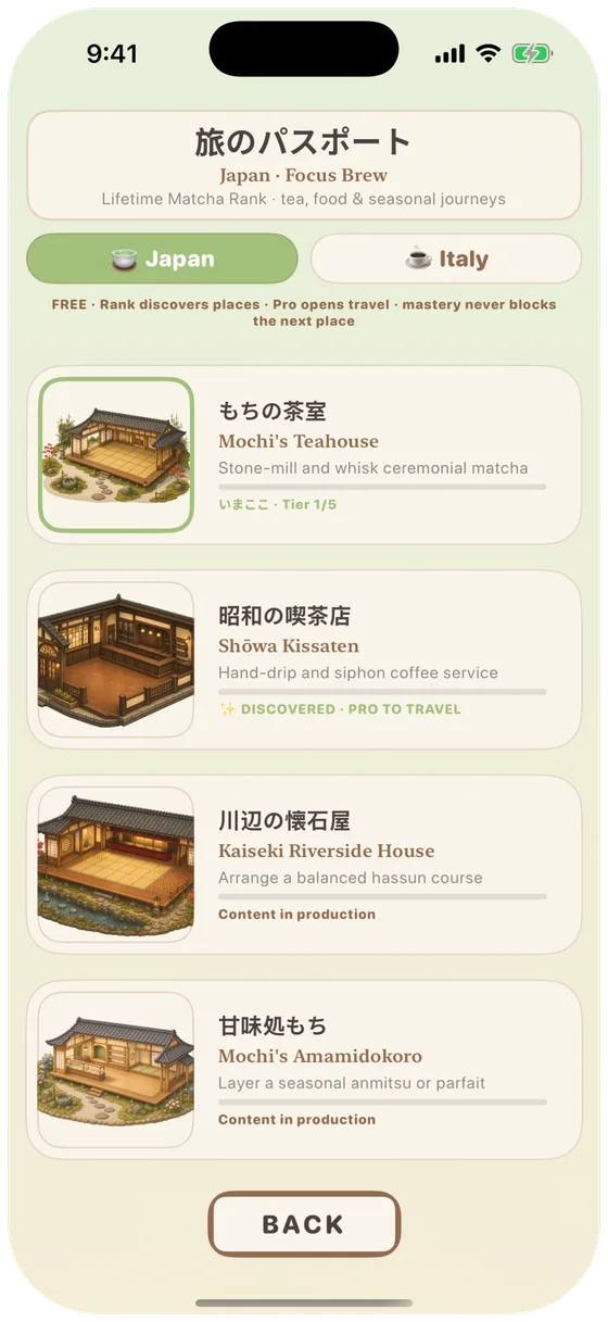 Travel passport listing Japan destinations unlocked by focused minutes