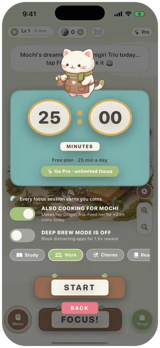 Focus Brew setup with a 25 minute dial and the Deep Brew switch that blocks the distracting apps you choose