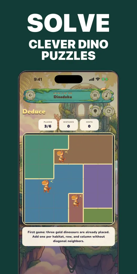 Dinodoku gameplay showing colorful dinosaurs placed in irregular habitat regions