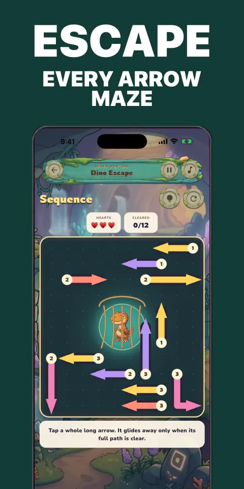Dino Escape gameplay showing a packed board of colorful directional dinosaur arrows