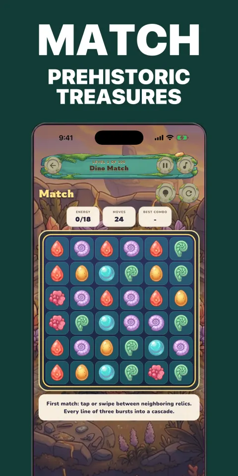 Dino Match gameplay showing a jewel-like board of original prehistoric treasures