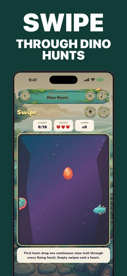 Dino Hunts gameplay showing a claw swipe crossing flying prehistoric discoveries