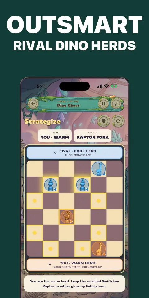 Dino Chess gameplay showing warm and cool dinosaur herds on a six-by-six board