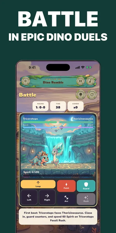 Dino Rumble gameplay showing two dinosaurs facing each other in Rift Arena
