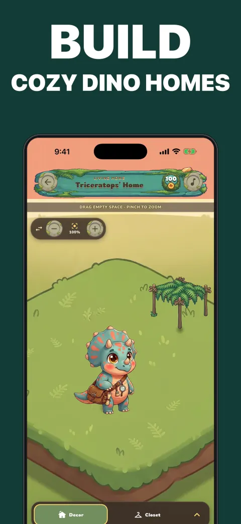 Dino Home showing a Triceratops resident in a decorated prehistoric living space